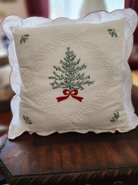 Embroidered Christmas Tree Holiday Pillow - White with Red & Green